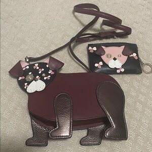 Kate Spade Novelty Burgundy and Metallic Crossbody Dog shaped Bag and wallet